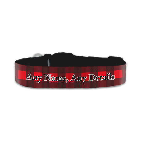 Personalised Small Dog Collar with Red Tartan Background Image 1