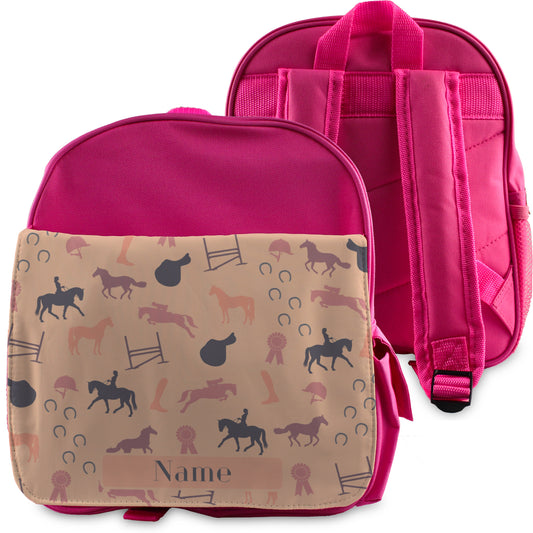 Printed Kids Pink Backpack with Horse Riding Design, Customise with Any Name Image 1