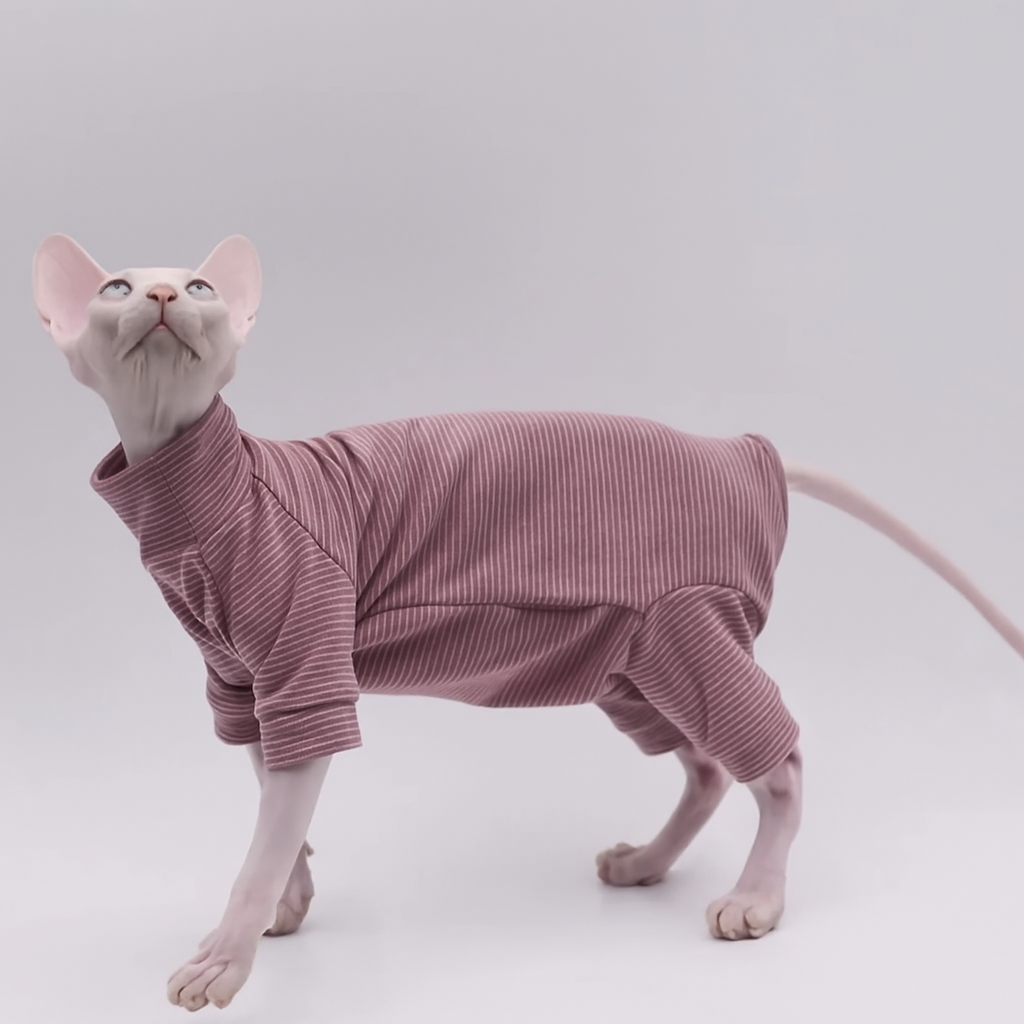 Striped Sphynx Cat 4-Leg Full Body Jumpsuit - Stonewashed Burgundy