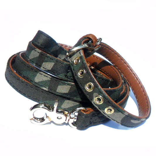 Army Fabric & Brown Dog Collar Lead Set