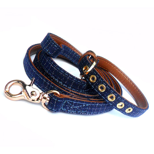 Blue Fabric & Brown Dog Collar Lead Set