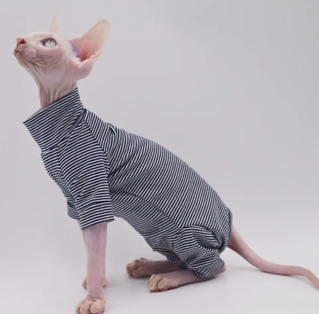 Striped Sphynx Cat 4-Leg Full Body Suit - White/Black
