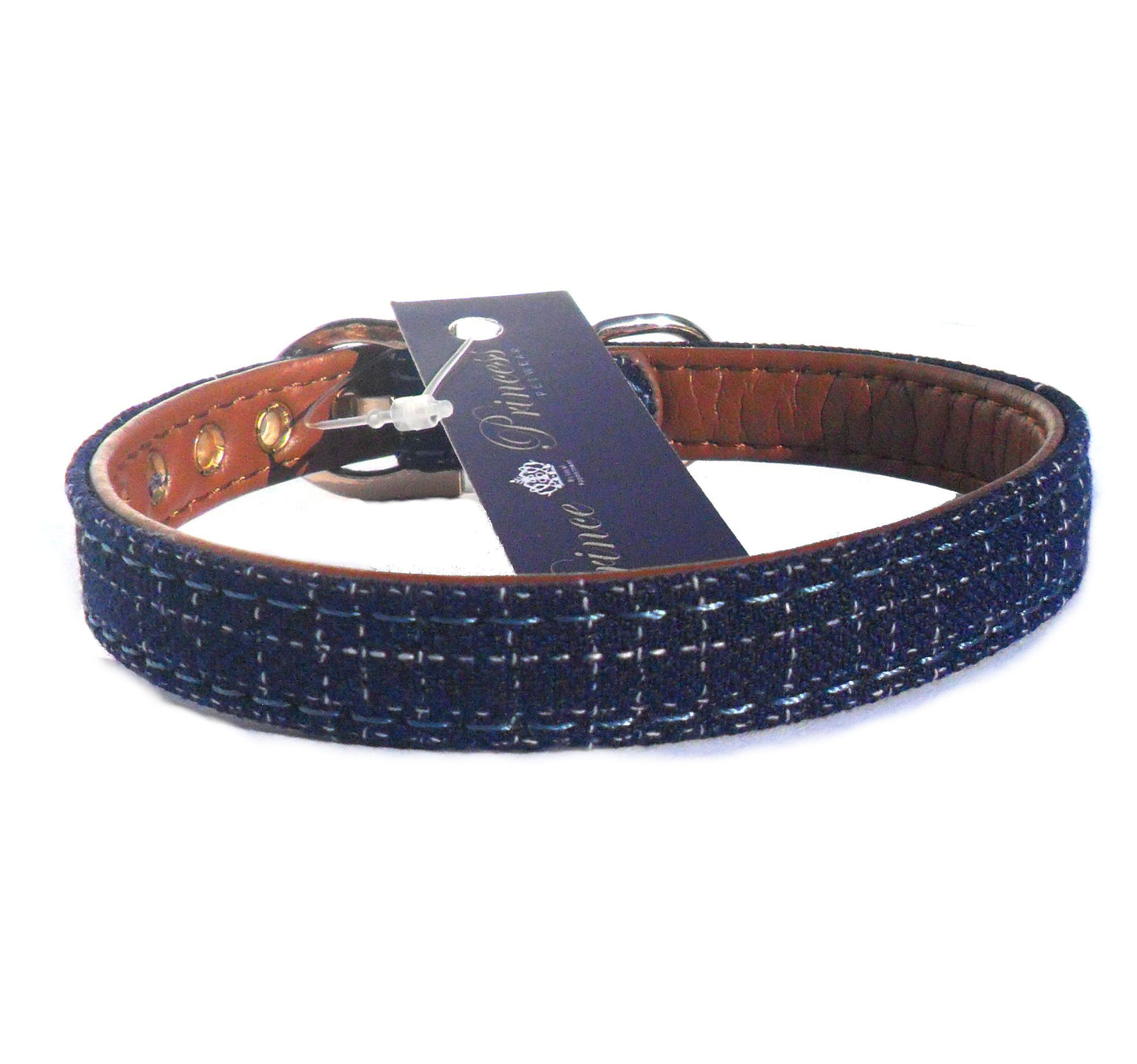 Collars Blue Fabric & Brown Dog Collar - Prince & Princess Designer Petwear 