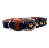 Collars Blue Fabric & Brown Dog Collar - Prince & Princess Designer Petwear 