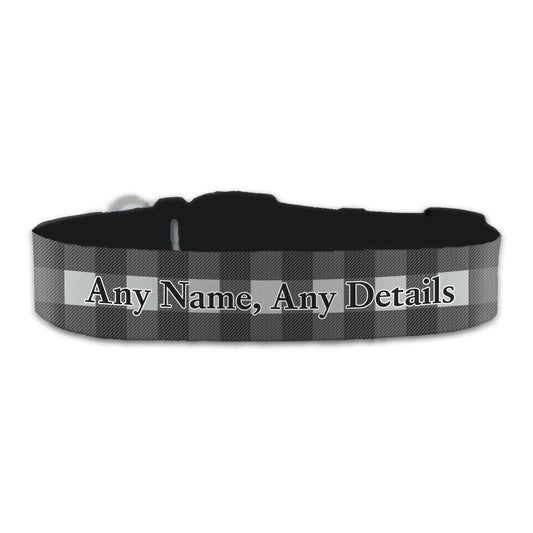 Personalised Large Dog Collar with Black Tartan Background, Personalise with Any Name or Details Image 1