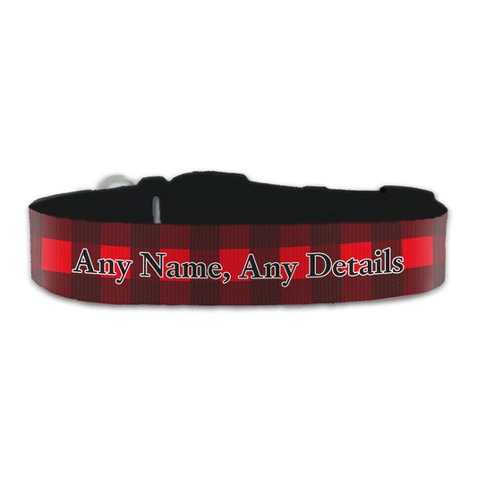 Personalised Large Dog Collar with Red Tartan Background, Personalise with Any Name or Details Image 1